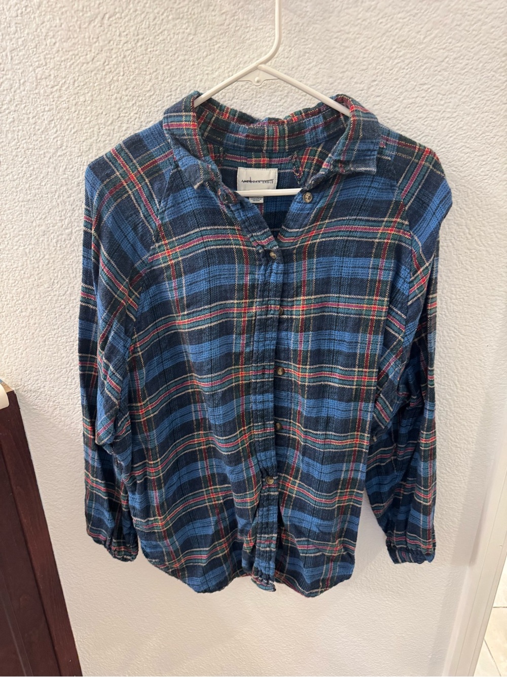 American Eagle Outfitters Blue Plaid Flannel Shirt with Red & Green Accents